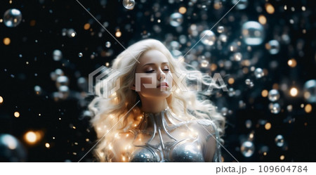 A beautiful divine woman with Slavic beauty floats in dark space surrounded by soap bubbles in a silk designer cosmic gown. Fashion wallpaper. Digital painting illustration. 109604784