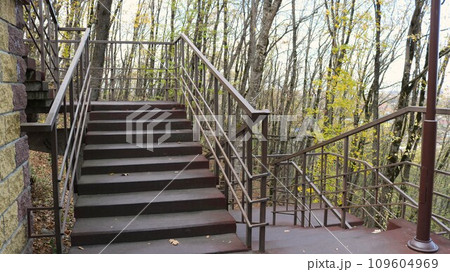an empty staircase with metal railings and several flights in an autumn park, a fragment of a large city staircase in a deserted park without people, steps of a street pedestrian staircase 109604969