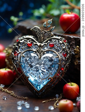 Artistic jewelry, ice queen heart made of silver, studded with rubies and blue diamonds. Conceptual digital painting. Generative AI	 109605006