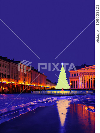 夜の街の広場のクリスマスツリーのイラスト 109605123