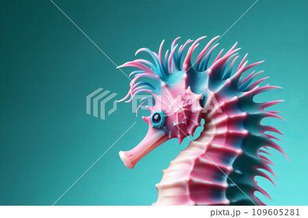AI-generated content. a close up of a sea horse on a mint background, digital art, pink and turquoise colors 109605281