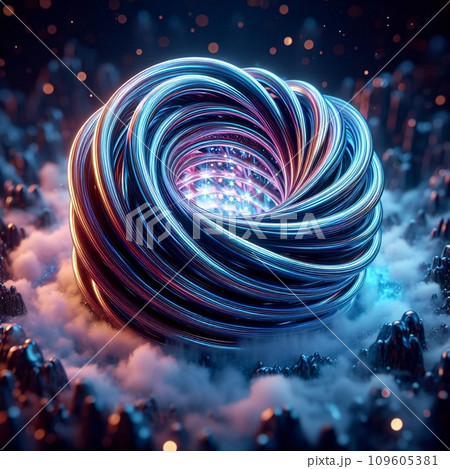 Superconducting toroidal quantum computer core made of liquid metal, immersed in ice-9 coolant. Against a Dark blue Background. Artistic Wallpaper. Digital painting. 109605381