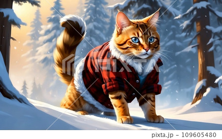 Serene Illustration: Bengal Cat in Red Plaid Winter Jacket Sitting Amidst Snow in a Sunlit Forestscape	 109605480