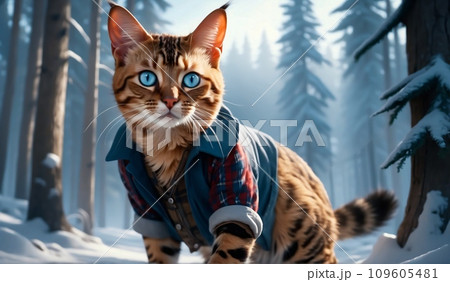 Serene Illustration: Bengal Cat in Red Plaid Winter Jacket Sitting Amidst Snow in a Sunlit Forestscape Serene Illustration: Bengal Cat in Red Plaid Winter Jacket Sitting Amidst Snow in a Sunlit Forestscape 109605481
