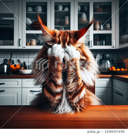 A broken cat sits at the kitchen table. The redheaded Maine coon makes a facepalm gesture. Meme cat illustration. Digital art.	 109605490
