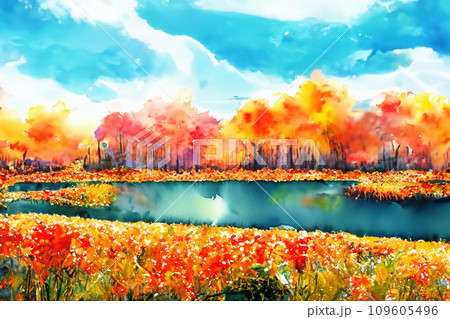 紅葉した森と湖の水彩画風のイラスト 109605496