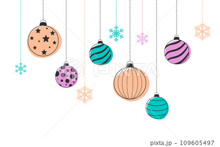 Christmas balls and snowflakes in trendy colors. Peach fuzz. Merry Christmas and Happy New Year decorations. Flat vector illustration isolated on white background. 109605497