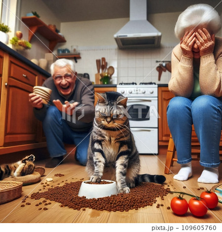 A mischievous and disgruntled cat knocked the food out of its bowl. The heartbroken grandfather and grandmother make a facepalm gesture cant stop laugh. Meme illustration. Digital art.	 109605760