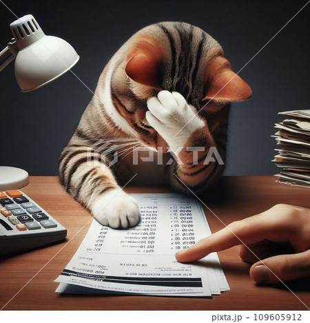 Feline Finance Fiasco: Troubled Cat's Budgetary Meltdown & Payment Peril. The heartbroken cat makes a facepalm gesture. Meme illustration. Wallpaper. Digital painting. 109605912