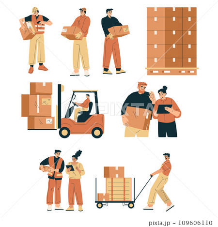 Logistics with People Character Work in Warehouse and Logistic Service Vector Set 109606110