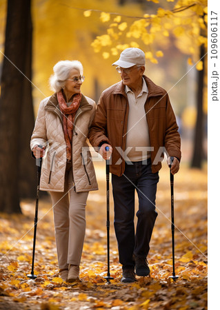 AI-generated content. Senior elderly couple walking with cane stick, joint pain, arthritis. Reduced mobility and physical weakness 109606117
