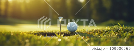 Close-up of a golf ball on a golf course green Close-up of a golf ball on a golf course green 109606369
