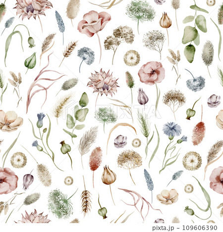 Seamless flower pattern on a white background. Watercolor ornament in boho style. Summer wildflowers and plants are hand drawn. Design of wrapping paper and textiles. 109606390
