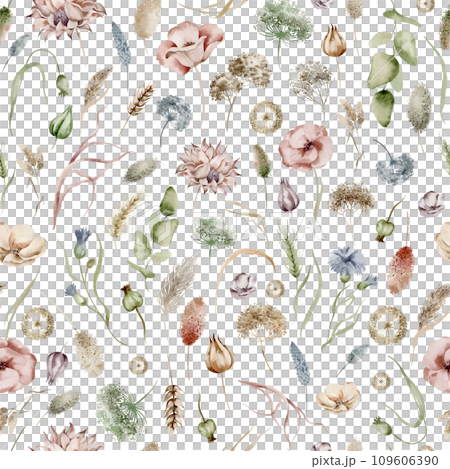 Seamless flower pattern on a white background. Watercolor ornament in boho style. Summer wildflowers and plants are hand drawn. Design of wrapping paper and textiles. 109606390