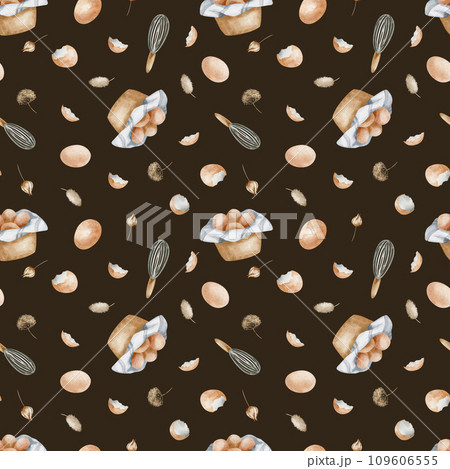 Cooking food at home seamless pattern. Watercolor background Chicken eggs and products are hand drawn on a dark background. Design of kitchen textiles and packaging. Cooking food at home seamless pattern. Watercolor background Chicken eggs and products are hand drawn on a dark background. Design of kitchen textiles and packaging. 109606555