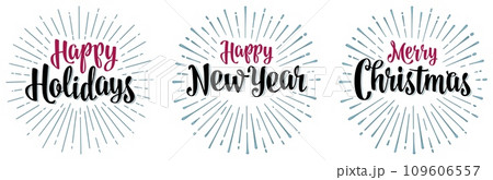 Happy Holidays Merry Christmas New Year handwriting calligraphy lettering with salute. Vector vintage illustration Happy Holidays Merry Christmas New Year handwriting calligraphy lettering with salute. Vector vintage illustration 109606557