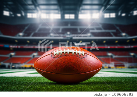 American football ball on stadium. American football arena. Generative AI 109606592