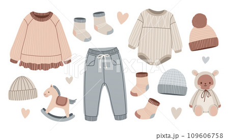 Baby toys and clothes set in hand drawn style. Horse and teddy bear for babyshower. Clothing for infant boy or girl. Baby toys and clothes set in hand drawn style. Horse and teddy bear for babyshower. Clothing for infant boy or girl. 109606758