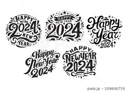 Happy new year 2024 design set. Black on white background. Design for poster, banner, greeting, 2024 celebration Happy new year 2024 design set. Black on white background. Design for poster, banner, greeting, 2024 celebration 109606759