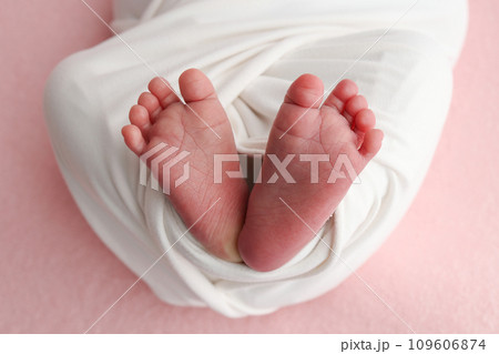 The tiny foot of a newborn baby. Soft feet of a new born in a white blanket. Close up of toes, heels and feet of a newborn. Macro photography on pink background. The tiny foot of a newborn baby. Soft feet of a new born in a white blanket. Close up of toes, heels and feet of a newborn. Macro photography on pink background. 109606874