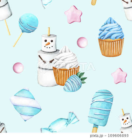 Seamless pattern with cupcake white cream, strawberry with glaze blue chocolate. Sweet summer dessert, popsicle, muffin, ice cream cone and marshmallow snowman. Watercolor illustration for design 109606893