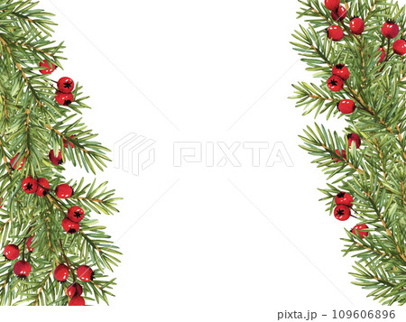 Frame christmas tree branches decorated with red berries. Watercolor xmas illustration for decoration. Nature design circle frame new year greeting cards template Frame christmas tree branches decorated with red berries. Watercolor xmas illustration for decoration. Nature design circle frame new year greeting cards template 109606896