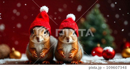Two cute red squirrels posing on a red Christmas background wearing red Santa Claus hats holding walnut. Conceptual digital painting illustration. Generative AI 109607348
