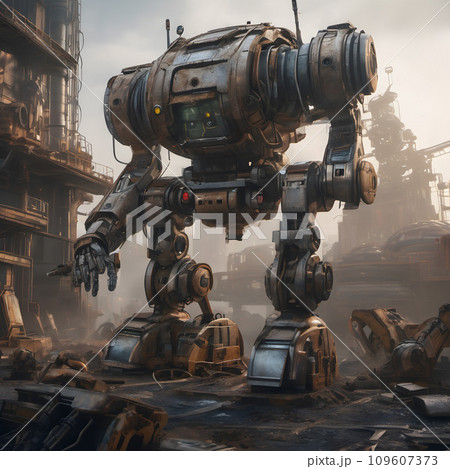 AI-generated content. A robot standing in a factory. 109607373