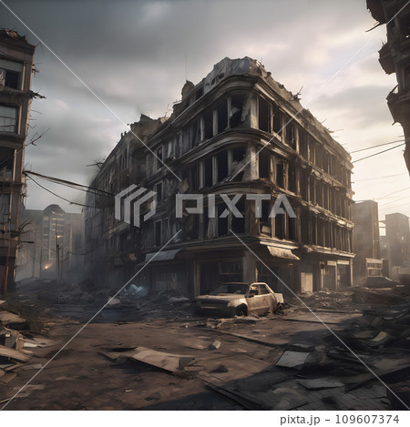 AI-generated content. A destroyed building with broken windows and a car in front of it. 109607374
