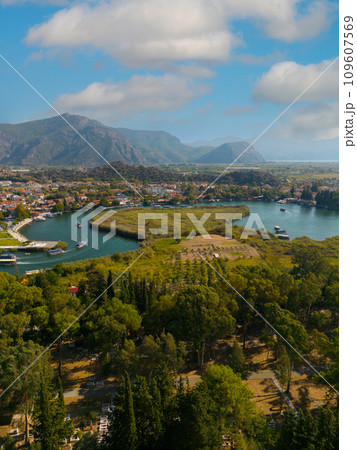 Dalyan River Drone Video, Aegean Sea Ortaca, Mugla Turkey. High quality photo 109607569