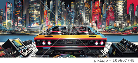 Music studio, turntables and loudspeakers with technical equipment in front of a big city skyline - ai generated 109607749