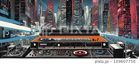 Music studio, turntables and loudspeakers with technical equipment in front of a big city skyline - ai generated 109607750