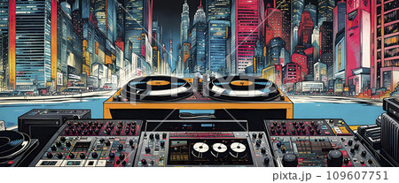 Music studio, turntables and loudspeakers with technical equipment in front of a big city skyline - ai generated 109607751