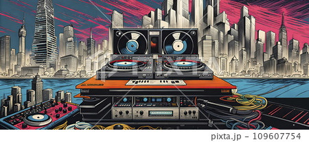 Music studio, turntables and loudspeakers with technical equipment in front of a big city skyline - ai generated 109607754