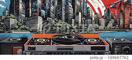 Music studio, turntables and loudspeakers with technical equipment in front of a big city skyline - ai generated 109607762