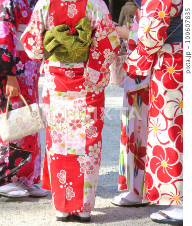 着物で初詣でに行く女性 109607835