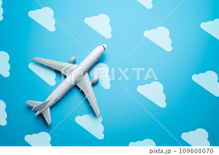 Flight airline plane flies in the blue sky, concept. Search for cheap plane tickets. Airline operators. Low cost airlines. Travel and tourism. Transport industry. 109608070
