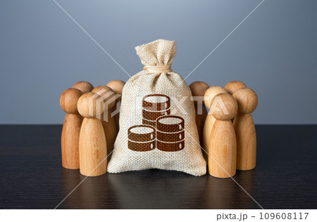 People gather around money bag. Financial support. Crowdfunding and fundraising. Social politics. Deposits and loans. Salaries and pensions. Social payments. Organization of the community budget. 109608117