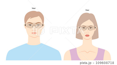 Visor frame glasses on women and men flat character fashion accessory illustration. Sunglass front view silhouette 109608718