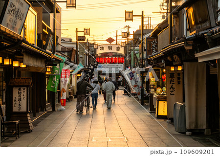 《東京都》柴又帝釈天参道・昭和レトロな街並みの夕暮れ 109609201