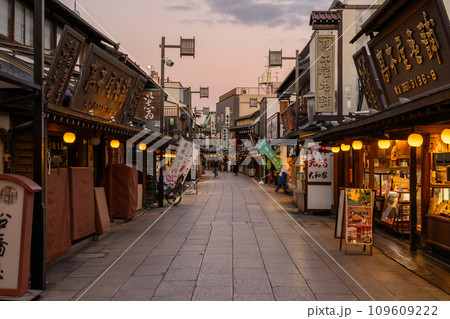 《東京都》柴又帝釈天参道・昭和レトロな街並みの夕暮れ 109609222