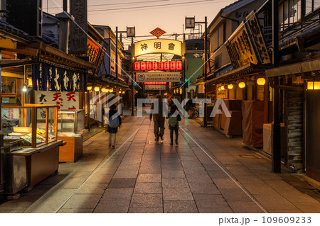 《東京都》柴又帝釈天参道・昭和レトロな街並みの夕暮れ 109609233