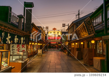 《東京都》柴又帝釈天参道・昭和レトロな街並みの夕暮れ 109609234