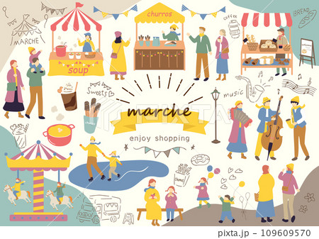 マルシェ　休日のマーケットで楽しむ人々 109609570