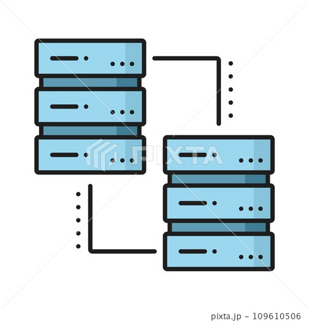 Database network server and cloud storage color line vector icon of internet technology. Data server pictogram of backup storage and database exchange, digital information and files transfer line icon 109610506