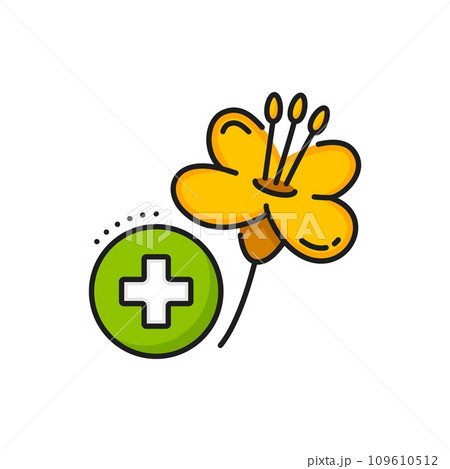 Rapeseed, canola oil icon, featuring vibrant yellow flower with a medical cross, symbolizes the intersection of nature and healthcare. Isolated vector linear sign, signifying healing and wellness 109610512