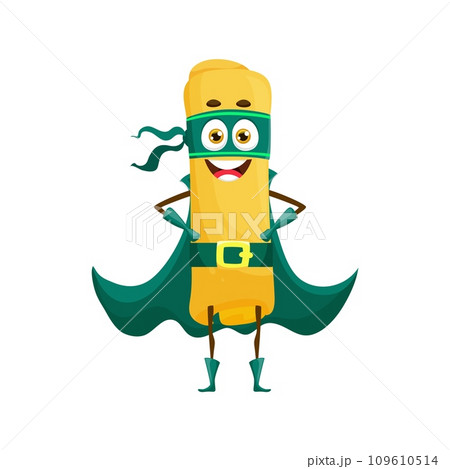 Cartoon casarecce italian pasta food superhero character. Isolated vector quirky super hero defender personage with superpowers, stand in confident pose ready to fight hunger and bring joy to dinner Cartoon casarecce italian pasta food superhero character. Isolated vector quirky super hero defender personage with superpowers, stand in confident pose ready to fight hunger and bring joy to dinner 109610514