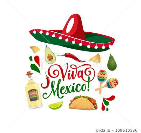 Viva mexico banner with sombrero and Tex Mex food. Mexico national holiday, independence day party print or banner with avocado, taco, tequila and chilli pepper, maracas and handwritten typography 109610526