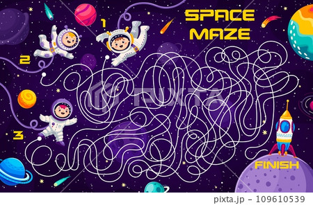 Help to astronauts find spaceship in labyrinth maze, vector quiz game for kids. Help kid spaceman find way to space rocket on galaxy planet with tangled path on cartoon labyrinth maze worksheet Help to astronauts find spaceship in labyrinth maze, vector quiz game for kids. Help kid spaceman find way to space rocket on galaxy planet with tangled path on cartoon labyrinth maze worksheet 109610539