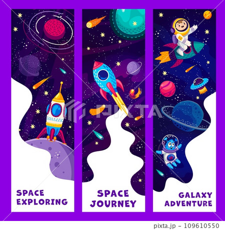 Cartoon space banners. Funny astronaut and alien, rocket and space galaxy landscape. Vector fantasy universe background, planets, spaceships and comets, cute kid spaceman and martian characters Cartoon space banners. Funny astronaut and alien, rocket and space galaxy landscape. Vector fantasy universe background, planets, spaceships and comets, cute kid spaceman and martian characters 109610550